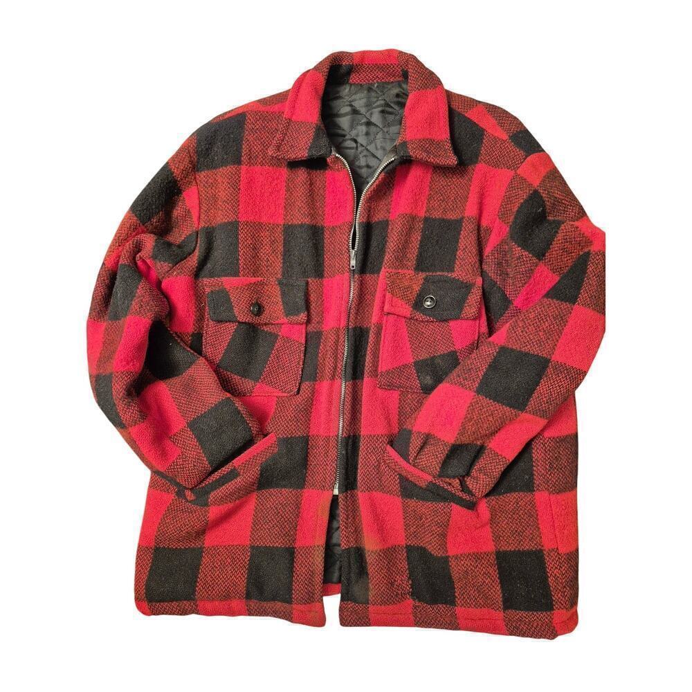 VTG Mens Buffalo Plaid Wool Jacket Coat Quilted Satin Lining Mens XL